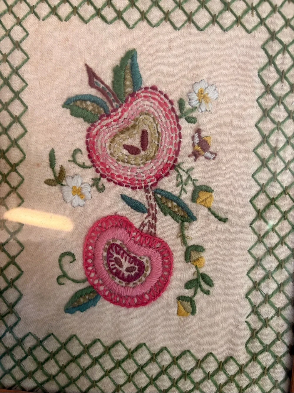 Handcrafted Floral Needlepoint Wall Art Pair - Oak Frames, Green and Pink